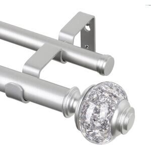 USFOOK 1 Inch Double Curtain Rod Set Silver Drapery Rods with Crystal Finials